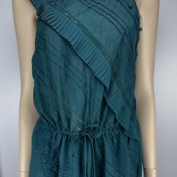 BCBGMAXAZRIA Runway Embroided Fairy Boho Frill Green Drawstring Waist Dress XXS - Picture 2 of 10